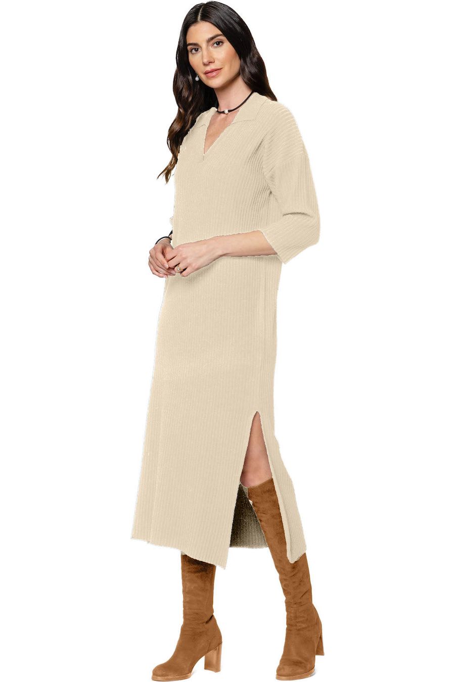 Gabriella Vertical Rib-Knit 3/4 Sleeved Midi Dress; Warm Beige