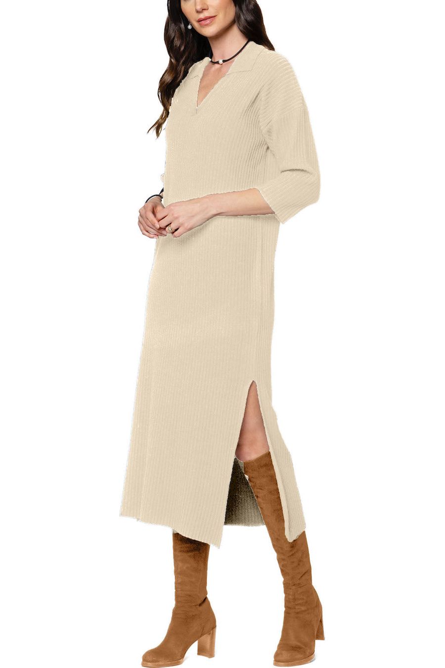 Gabriella Vertical Rib-Knit 3/4 Sleeved Midi Dress; Warm Beige