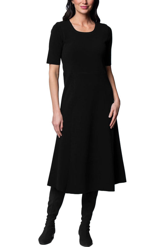 Nora Milano Knit Short Sleeved Fit-And-Flare Midi Dress; Black