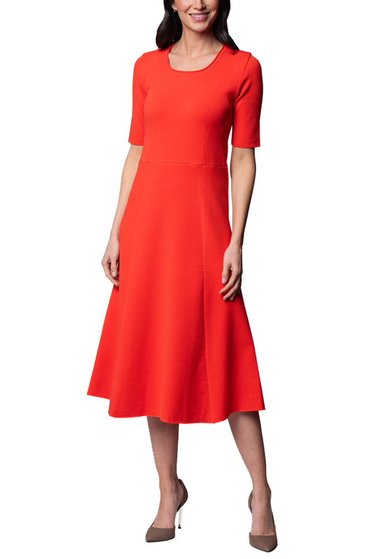 Nora Milano Knit Short Sleeved Fit-And-Flare Midi Dress; Bright Orange