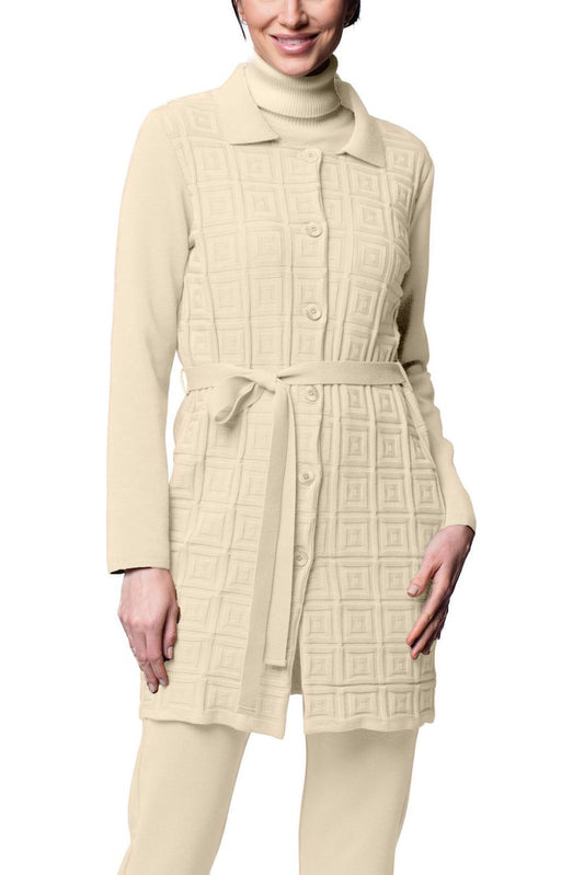 Sydney Square-Patern Knit Car Coat ; Warm Beige