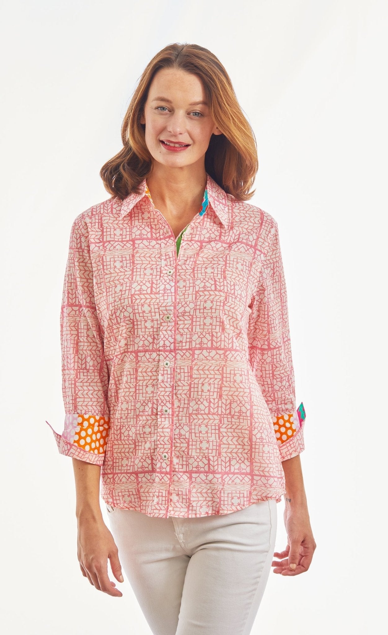 3/4 Sleeve Pink Tiny Geometric Print Voile - DIZZY LIZZIE - Banebrook Collections