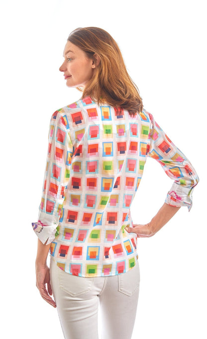 3/4 Sleeve Rome Shirt Multi Colored Boxes Voile - DIZZY LIZZIE - Banebrook Collections