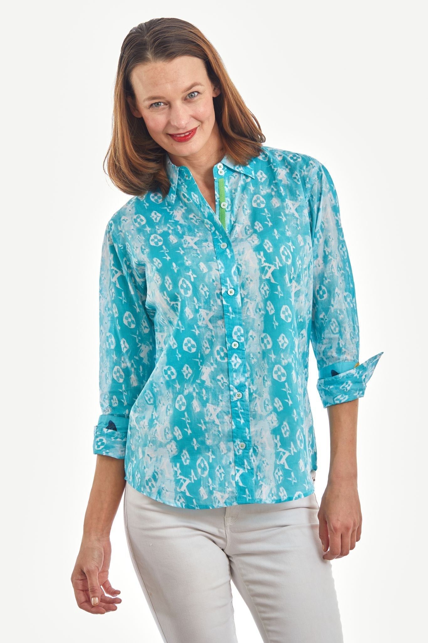 3/4 Sleeve Rome Shirt Turquoise White Blurry Letters - DIZZY LIZZIE - Banebrook Collections