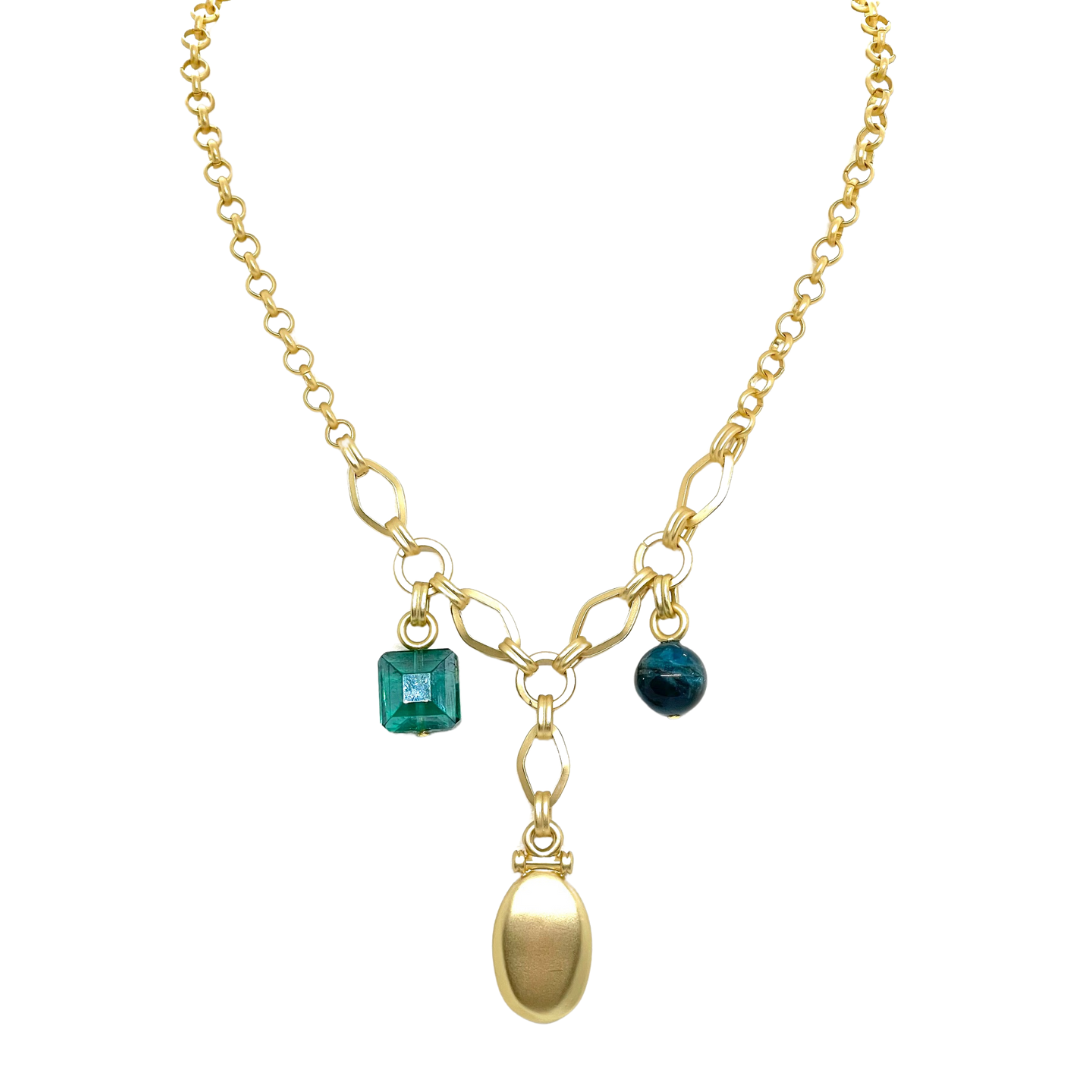 Three Charm Necklace With Gold Pillow Pendant, Appetite, &Amp; Green Square Crystal