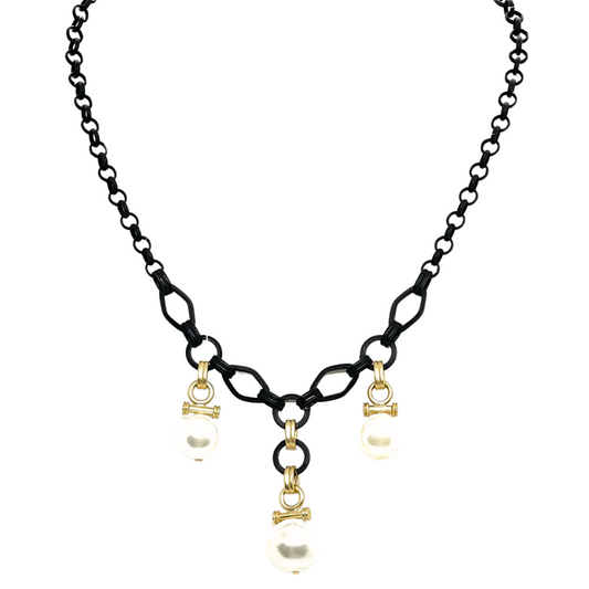 Three Pearl Charm Necklace On Black Chain