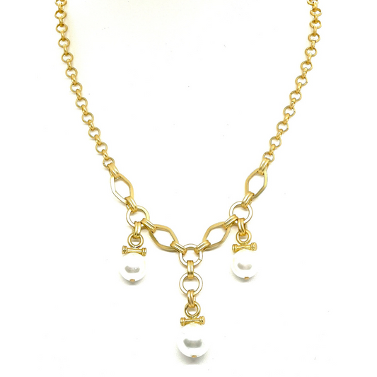 Three Pearl Charm Necklace On Gold Chain