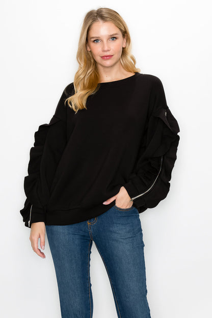 Ferra French Scuba Top With Ruffled Zipper Sleeves