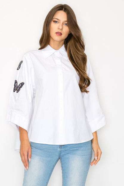 Willow Cotton Poplin Top With Butterfly Embroidery