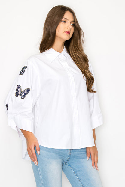 Willow Cotton Poplin Top With Butterfly Embroidery