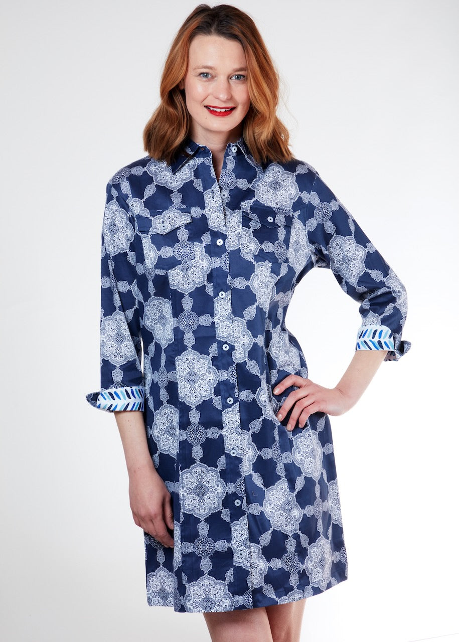 Sag Harbor Dress Navy Gound Olympic Print XS