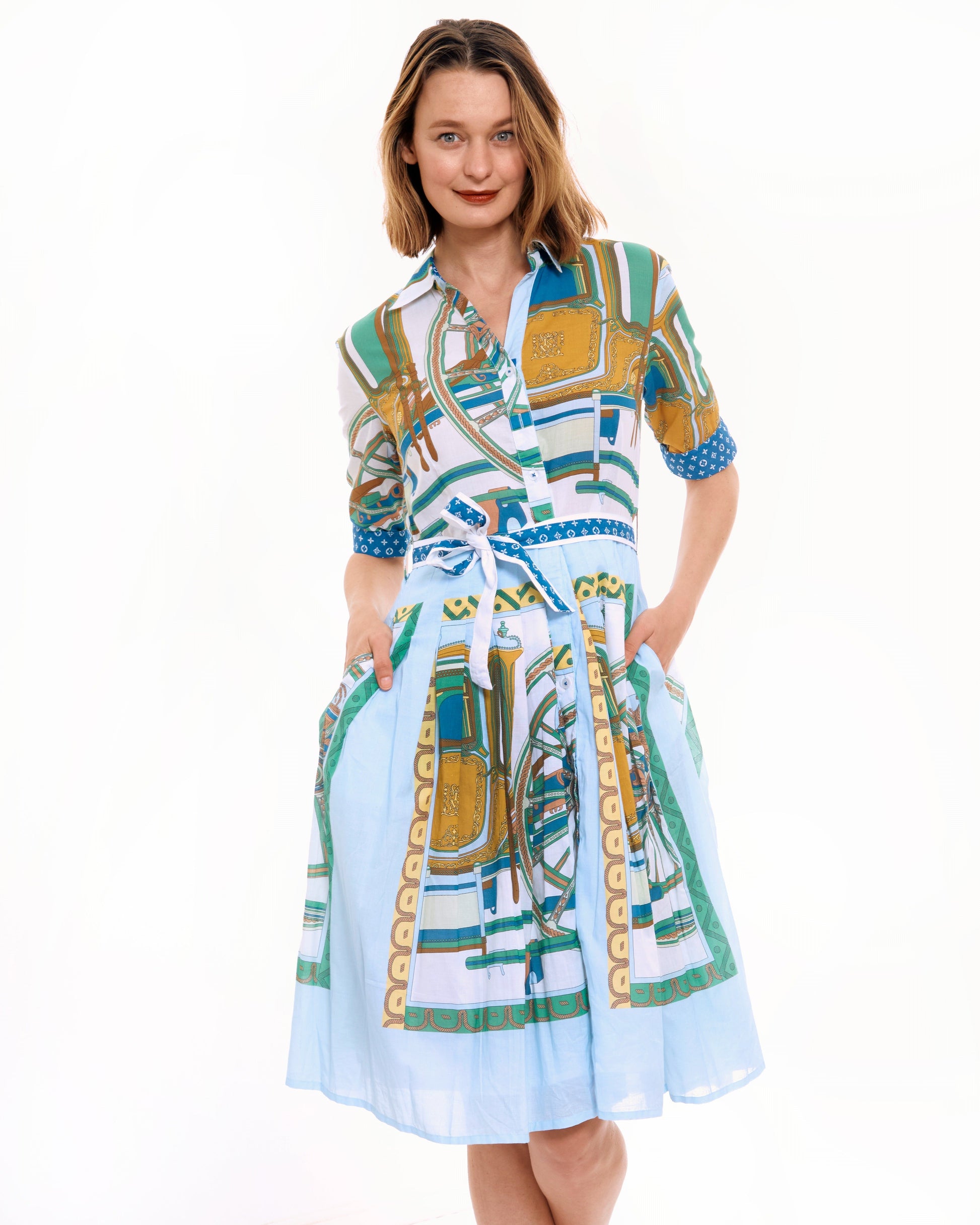 Mrs Maisel Dress Blu Green H Print XS / 663-S161BG