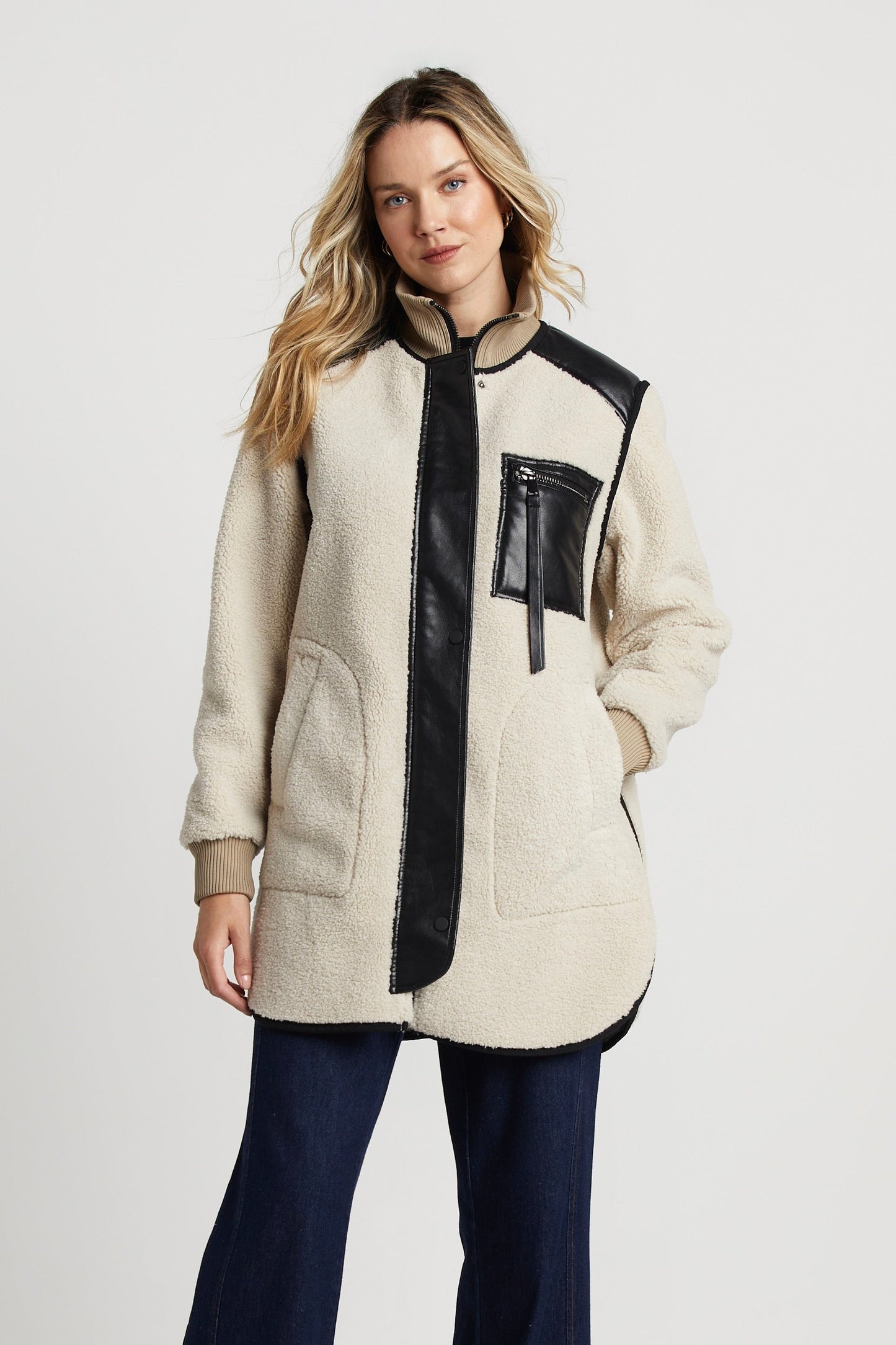 Audrey Faux Shearling Coat W/ Vegan Leather Trim & Side Zippers