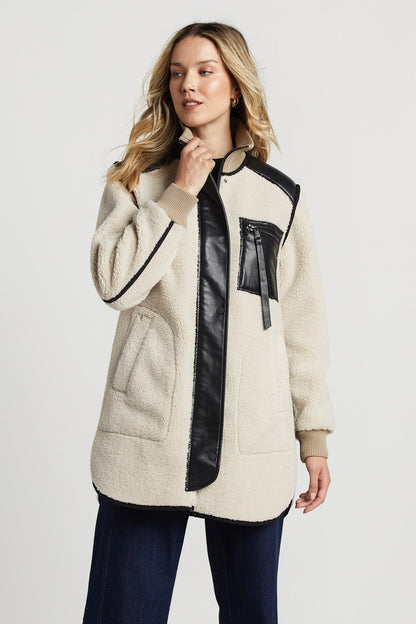 Audrey Faux Shearling Coat W/ Vegan Leather Trim & Side Zippers