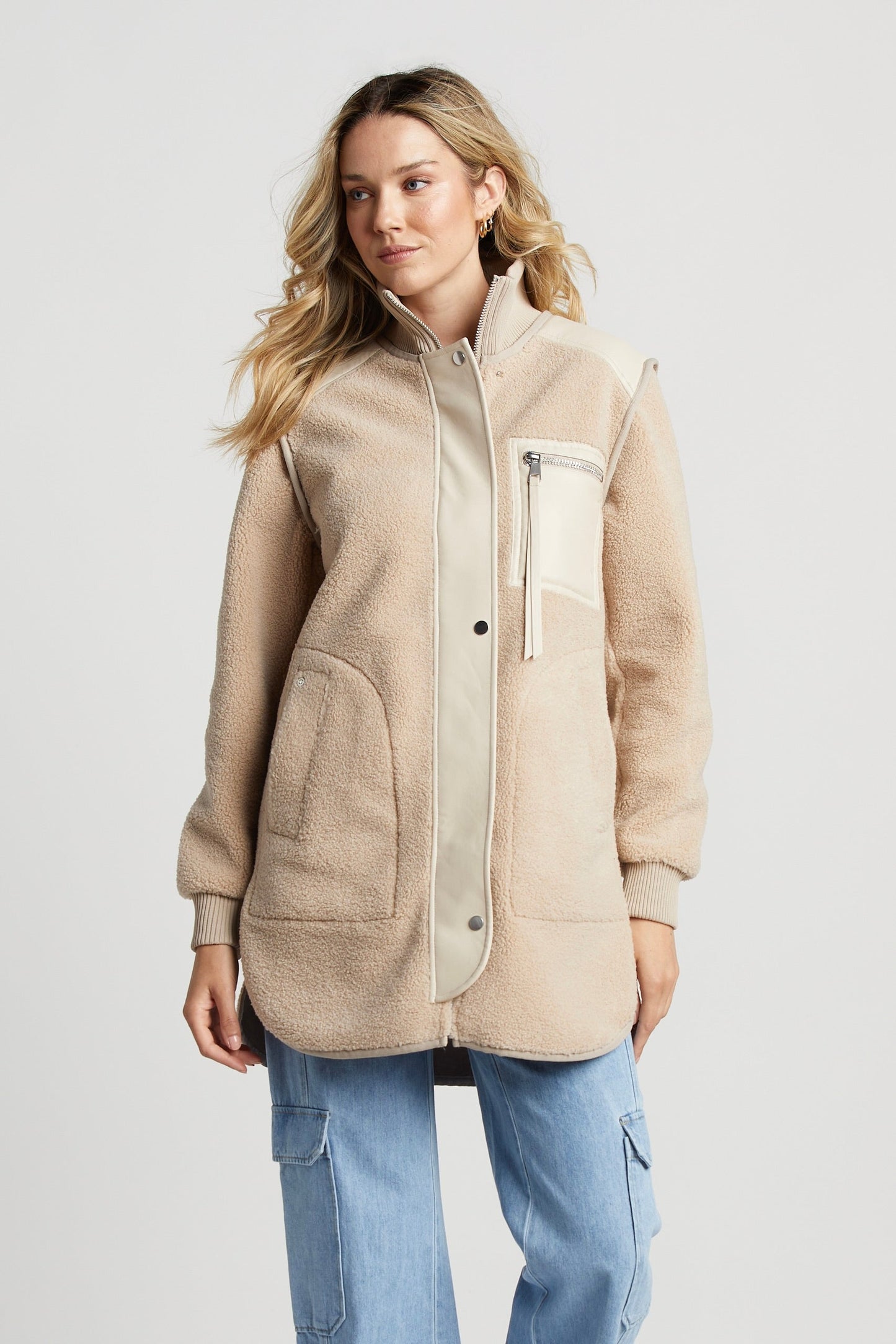 Audrey Faux Shearling Coat W/ Vegan Leather Trim & Side Zippers