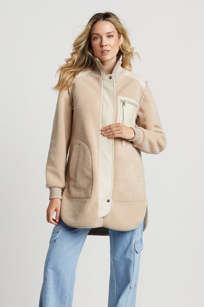 Audrey Faux Shearling Coat W/ Vegan Leather Trim & Side Zippers