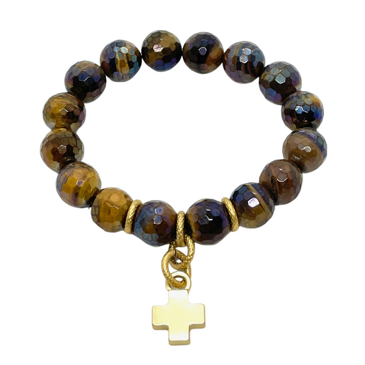 Tiger'S Eye Stretch Bracelet With Matte Gold Cross