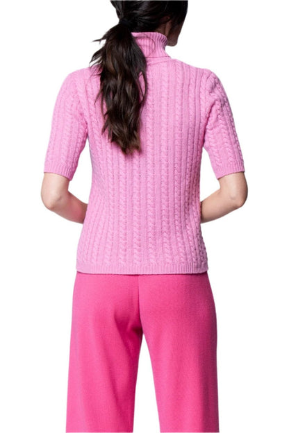 Lilly Short Sleeved Cable-Knit Turtleneck, Soft Pink