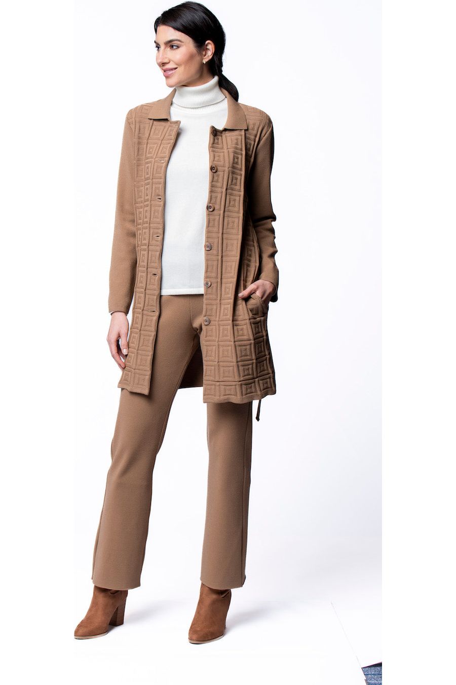 Sydney Square-Patern Knit Car Coat ; Mocha