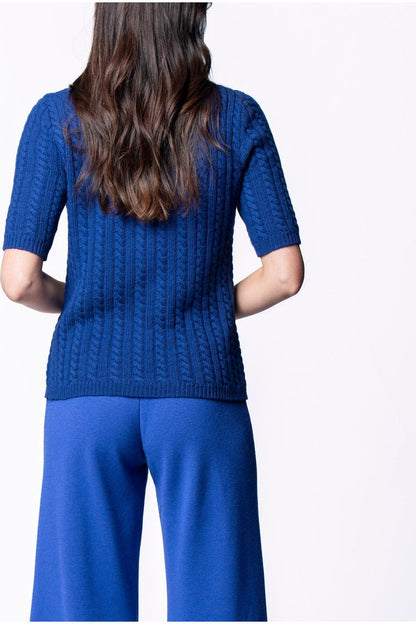 Lilly Short Sleeved Cable-Knit Turtleneck, Dark Royal Blue