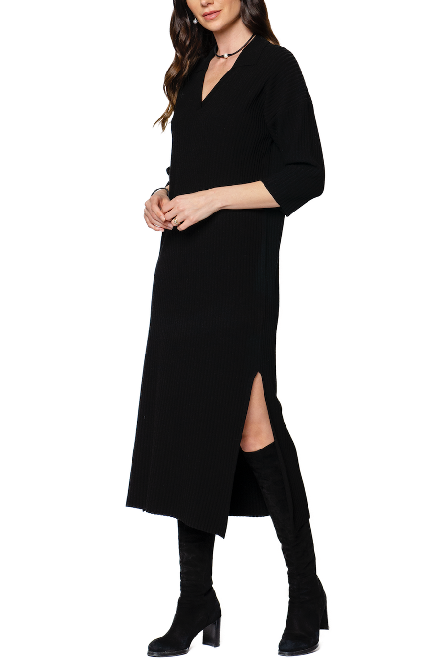 Gabriella Vertical Rib-Knit 3/4 Sleeved Midi Dress; Black