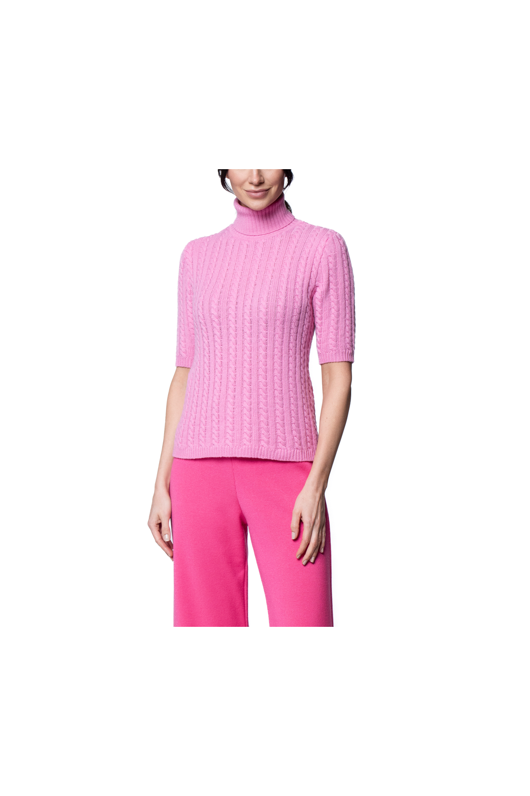 Lilly Short Sleeved Cable-Knit Turtleneck, Soft Pink