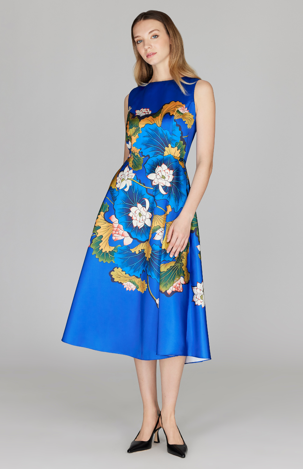 Lotus Print Sleeveless Fit & Flare Dress