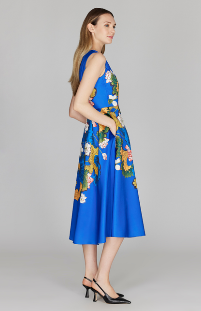 Lotus Print Sleeveless Fit & Flare Dress