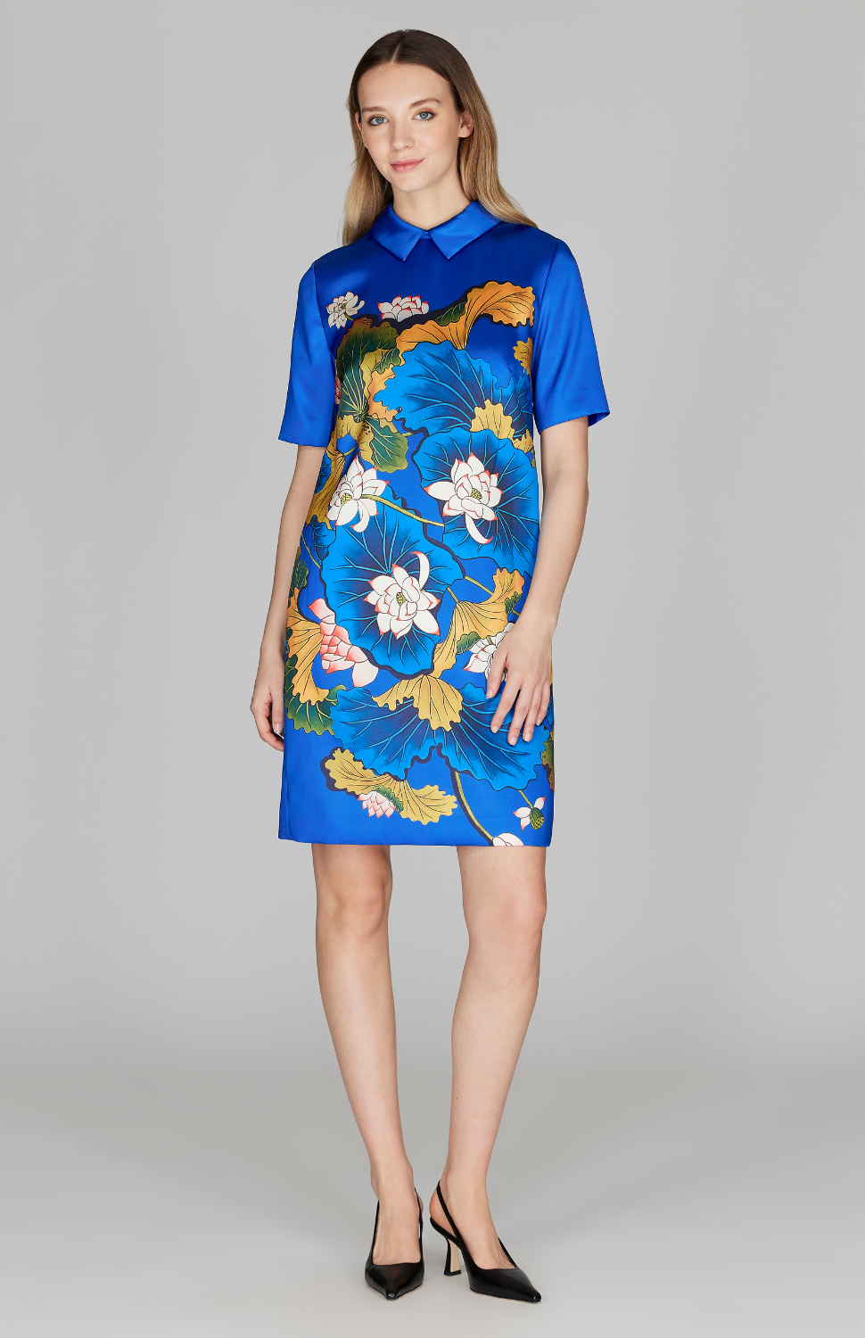 Lotus Print Short Sleeve Collard Shift Dress