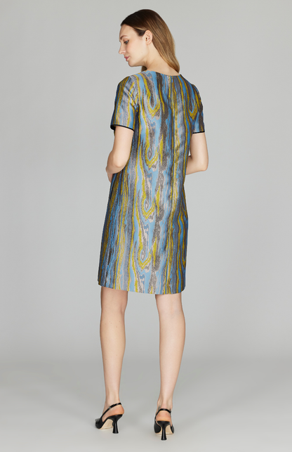 Moire Jacquard Short Sleeve Shift Dress