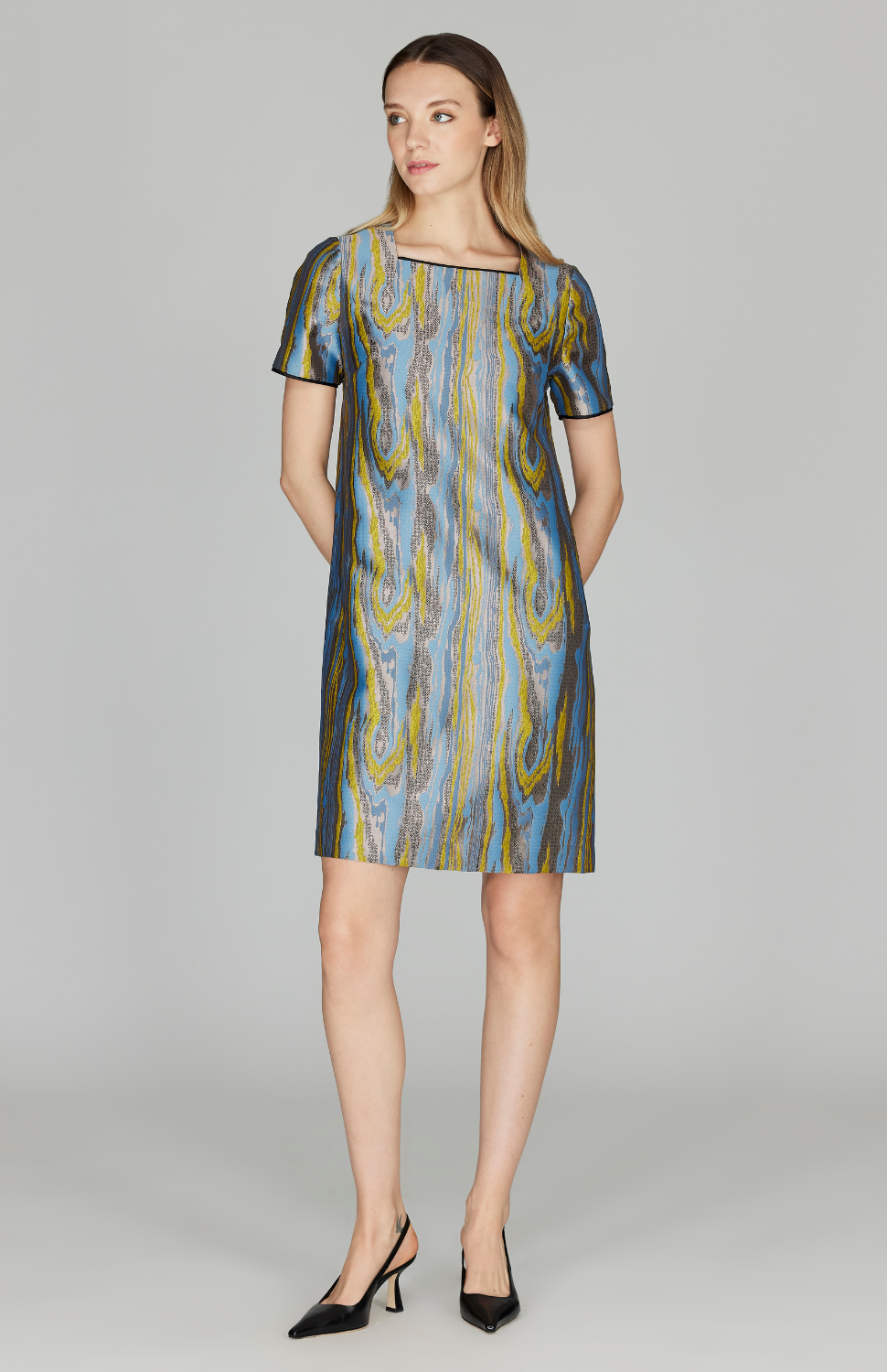 Moire Jacquard Short Sleeve Shift Dress