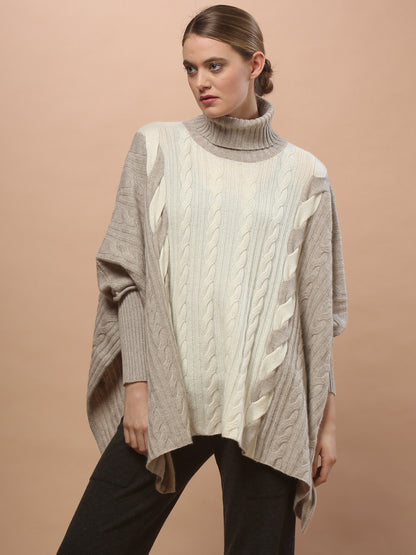 Two-Tone Braided Turtleneck Poncho