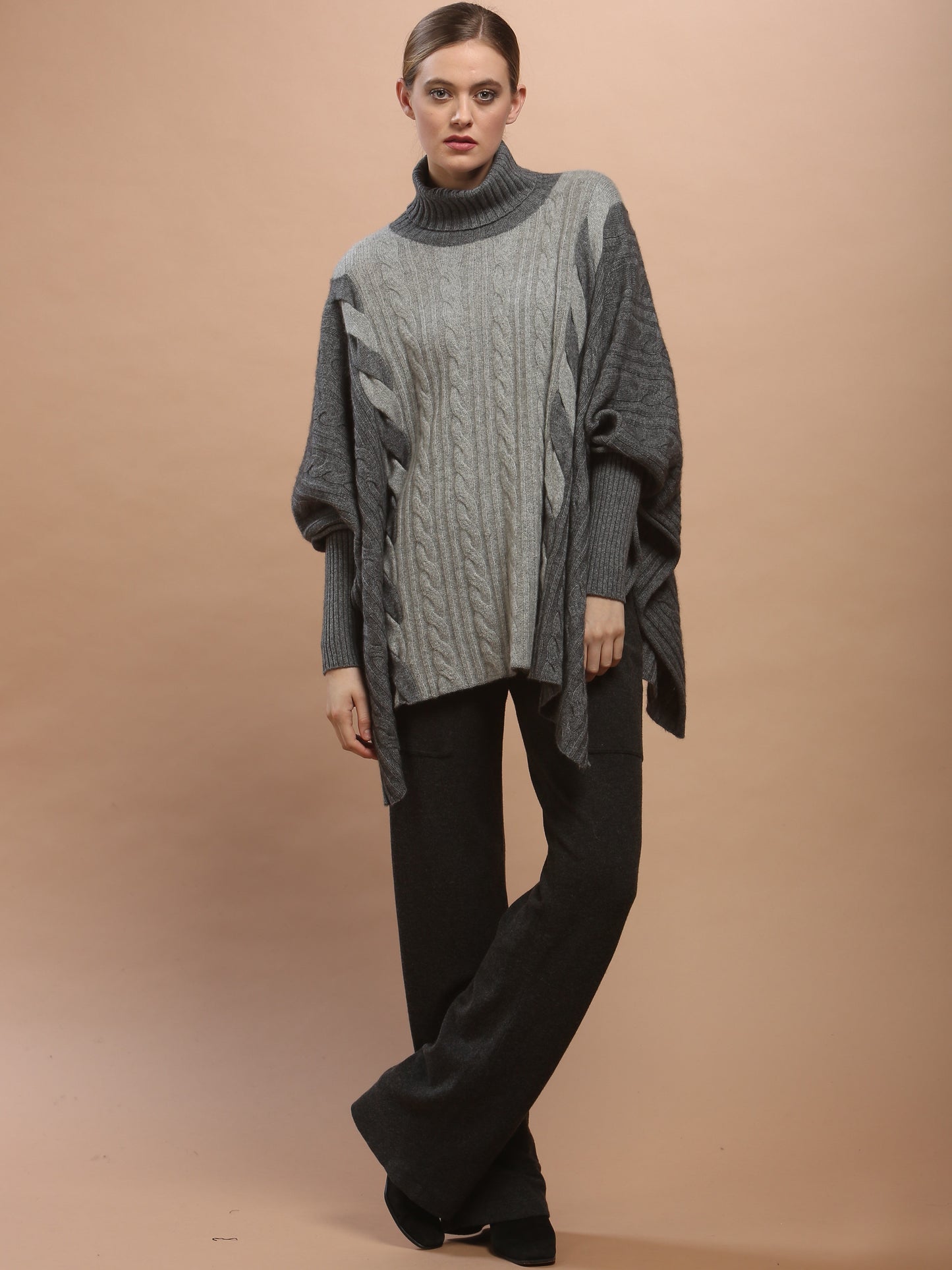 Two-Tone Braided Turtleneck Poncho