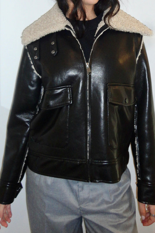 Parker Bonded Vegan Leather Aviator Jacket W/ Collar Snap Closure