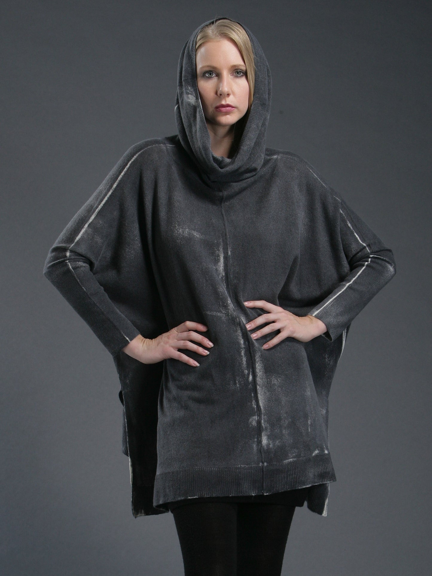 Hand Painted Oversized Cowl Neck Poncho In Mongolia Cashmere