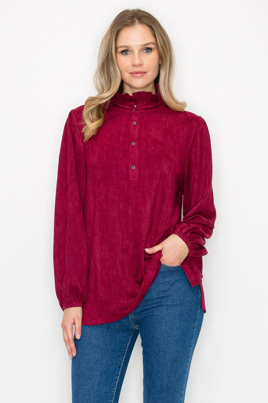 Willabella Suede Top With Ruffled Collar