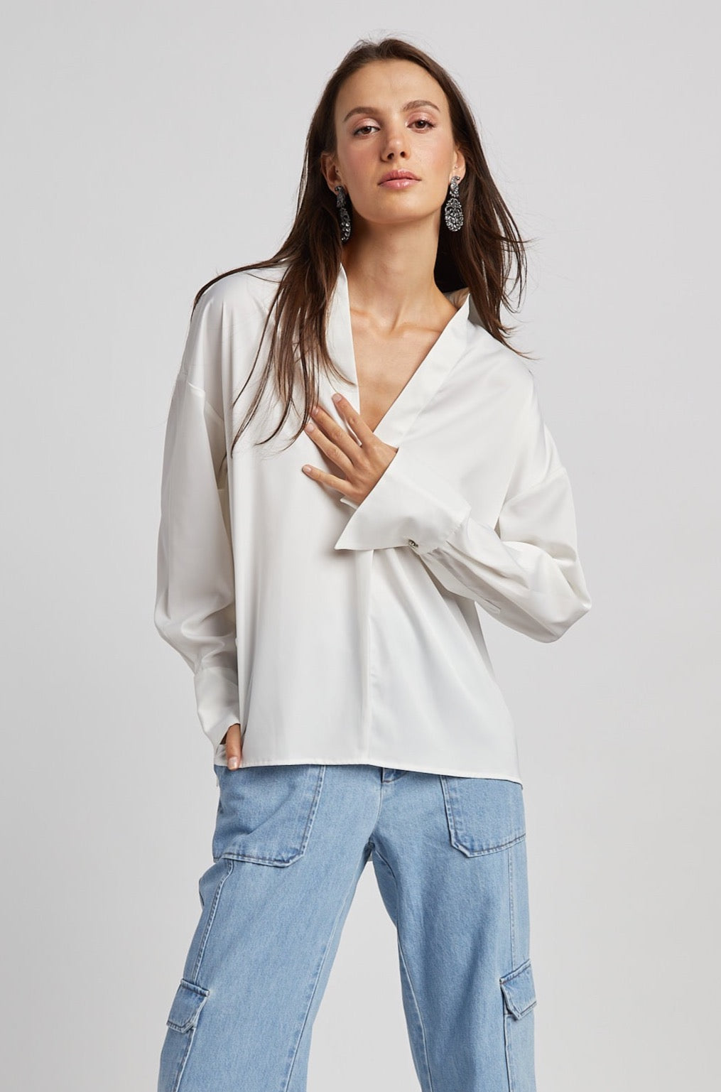 Kay Popover Satin Blouse W/ Long Cuffs