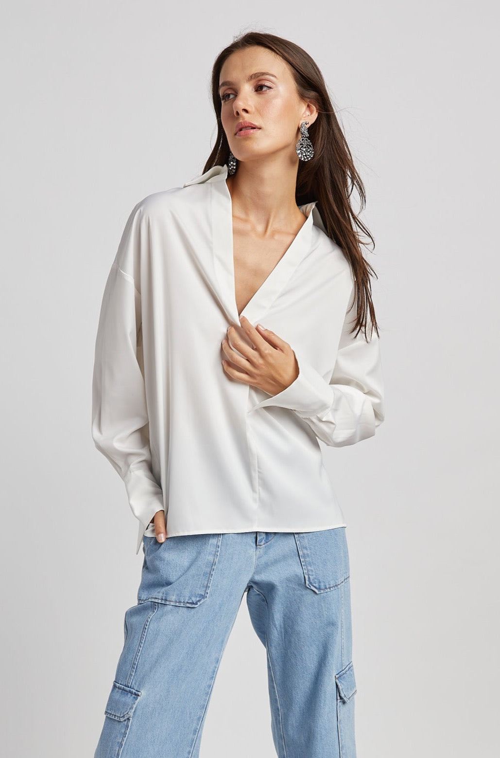 Kay Popover Satin Blouse W/ Long Cuffs