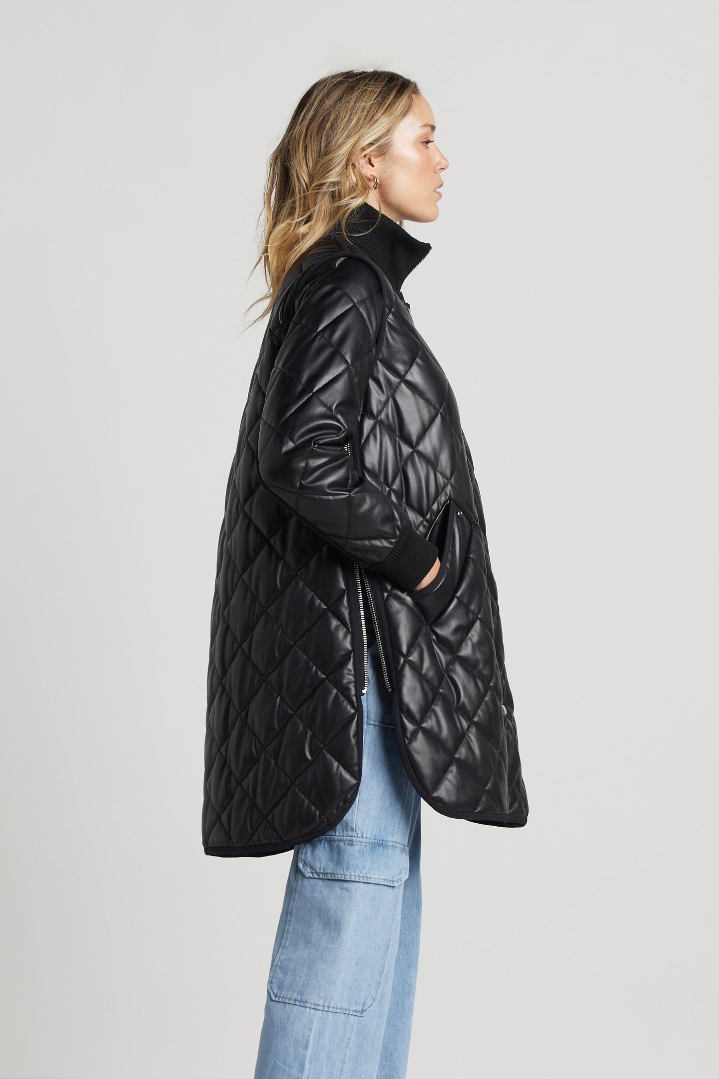 Liberty Quilted Full Zip Vegan Leather Coat W/ Side Zipper