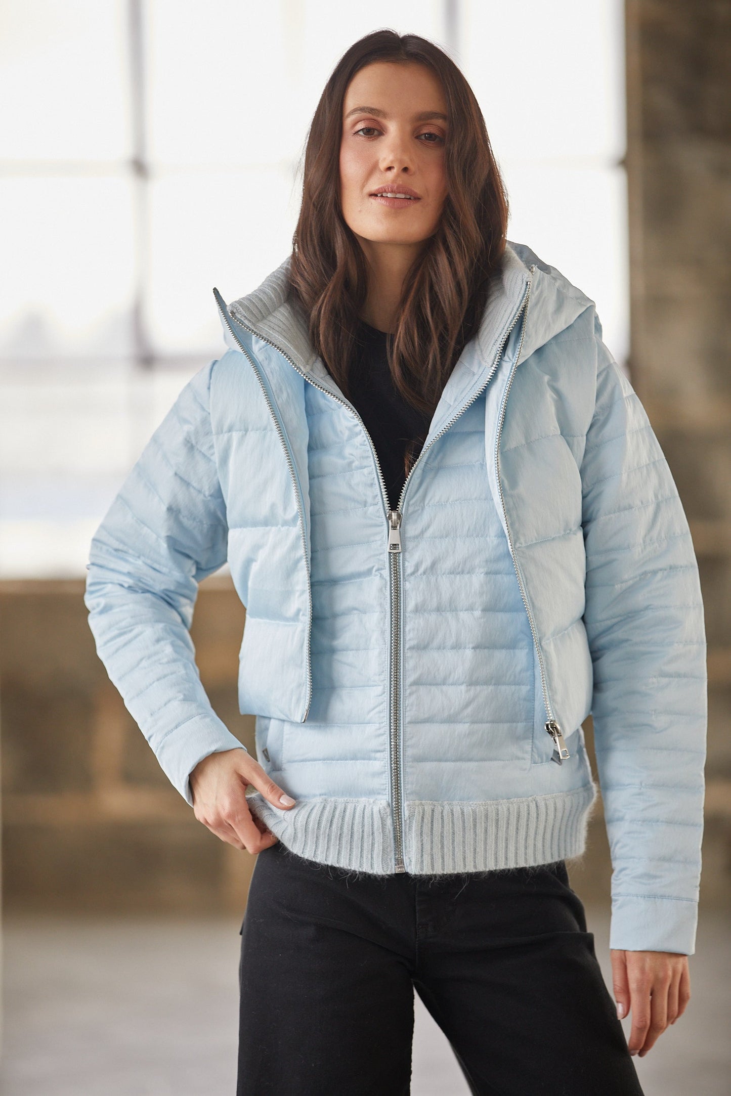 Lulu Light Weight Quilted Down Jacket W/ Knit Trim Details