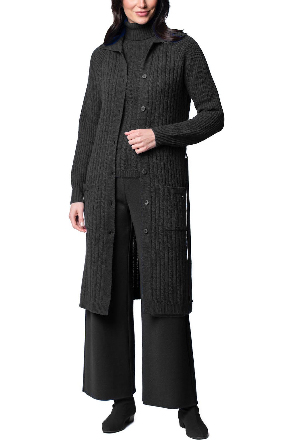 Layla Cable-Knit Belted Coat ; Black Melange