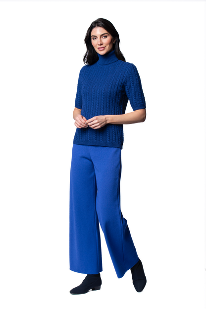 Lilly Short Sleeved Cable-Knit Turtleneck, Dark Royal Blue