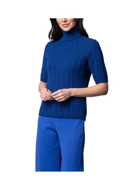 Lilly Short Sleeved Cable-Knit Turtleneck, Dark Royal Blue