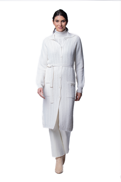 Layla Cable-Knit Belted Coat ; Winter White