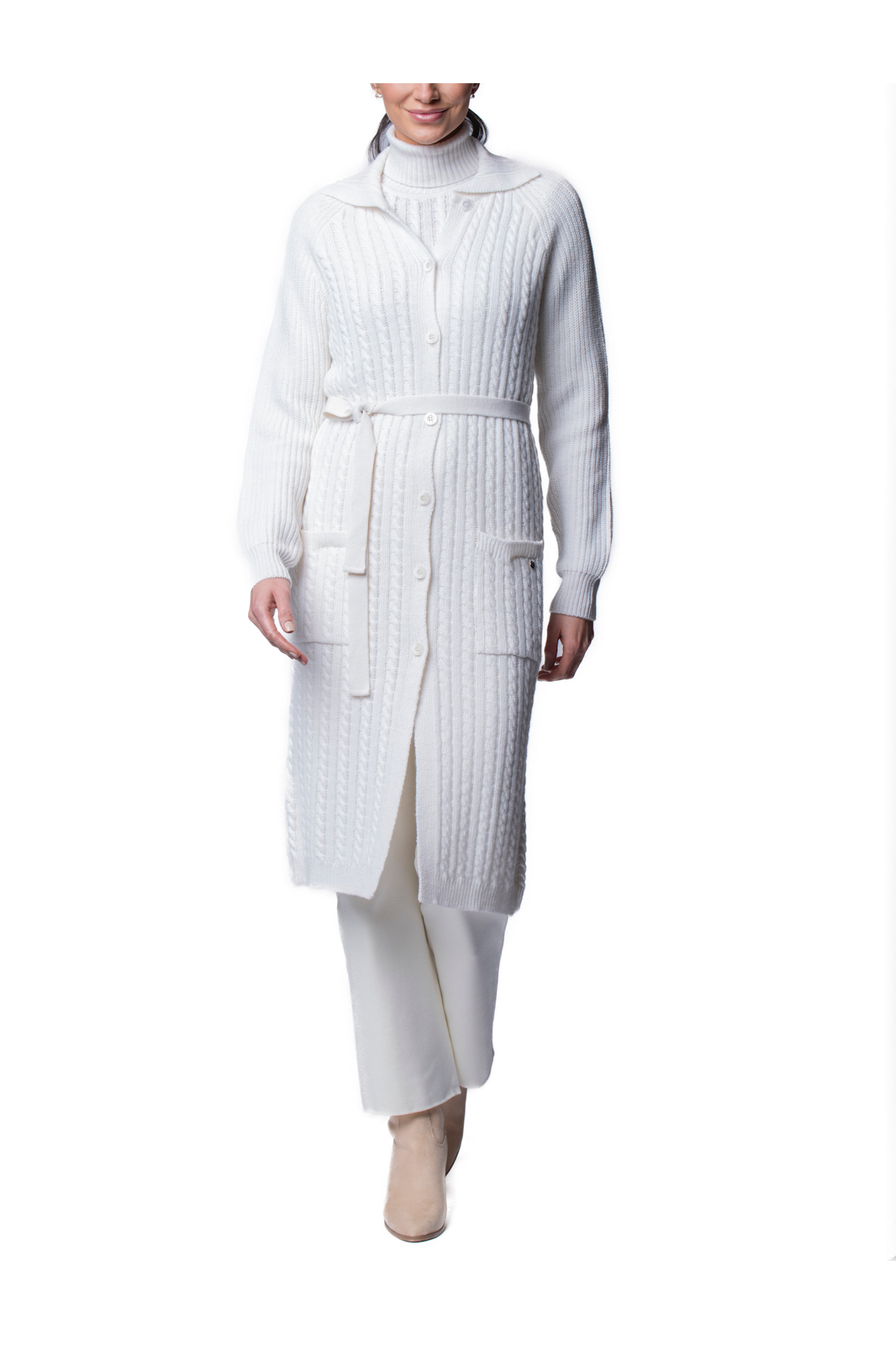 Layla Cable-Knit Belted Coat ; Winter White