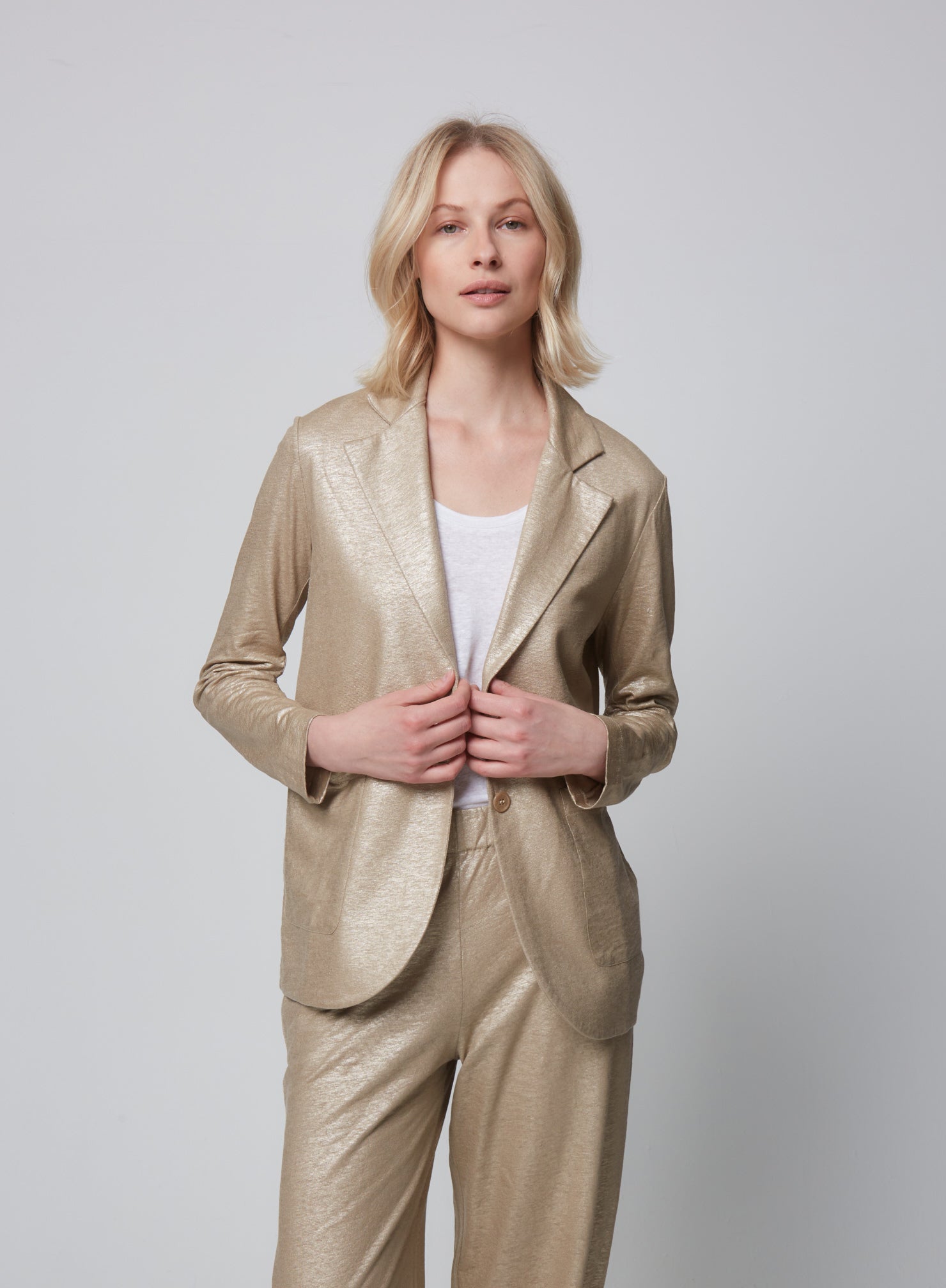 Stretch Linen Metallic One Button Blazer - JACKET - Majestic Filatures North America