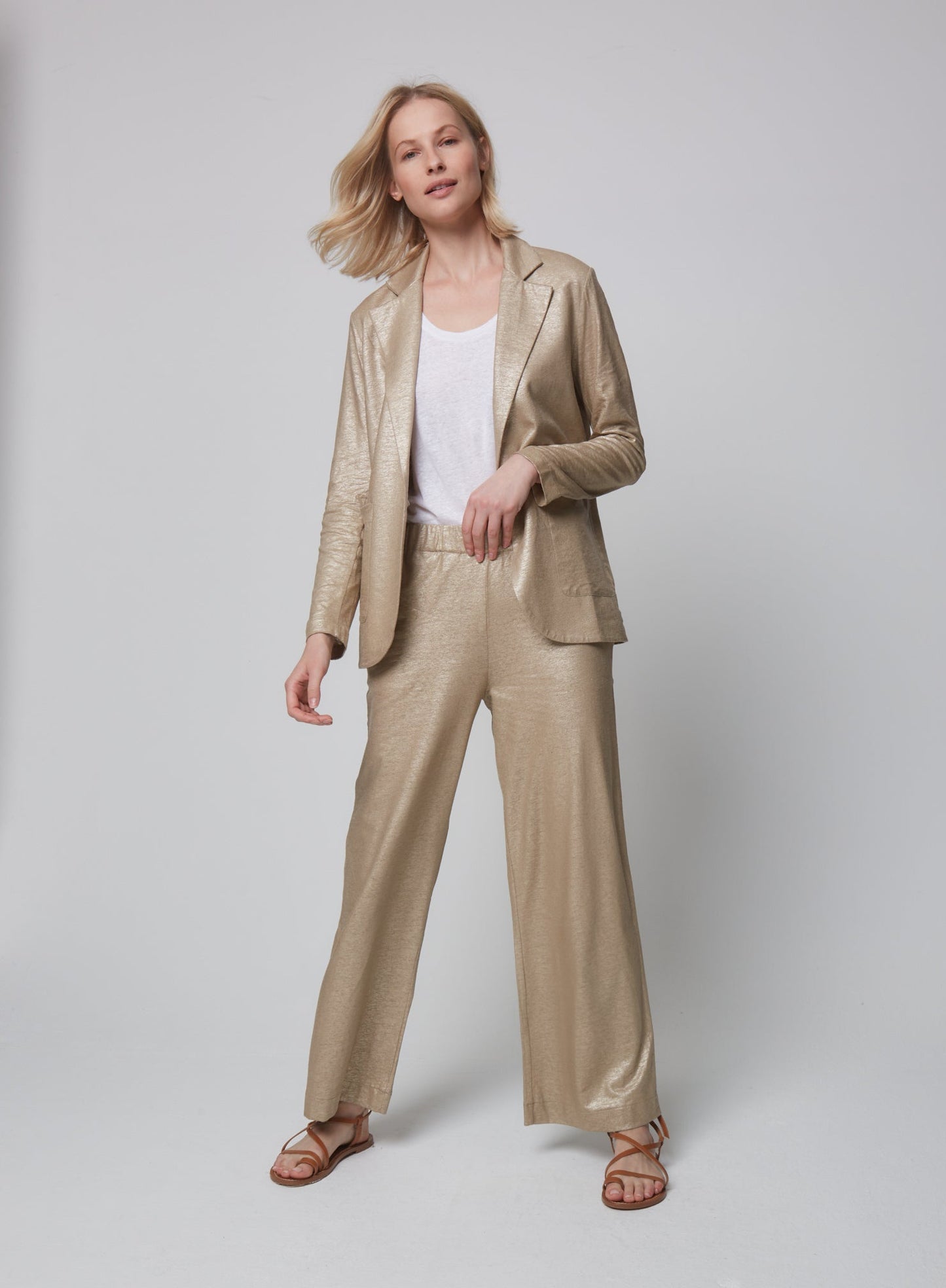 Stretch Linen Metallic One Button Blazer - JACKET - Majestic Filatures North America