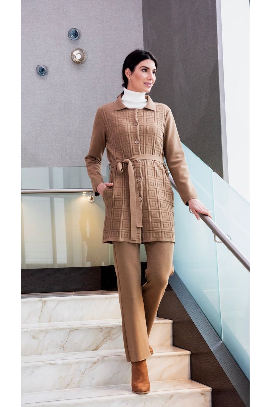 Sydney Square-Patern Knit Car Coat ; Mocha