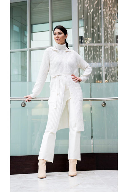 Layla Cable-Knit Belted Coat ; Winter White