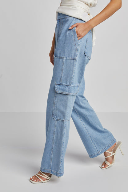 Nolan High Waisted Slightly Wide Leg Denim Cargo Pant